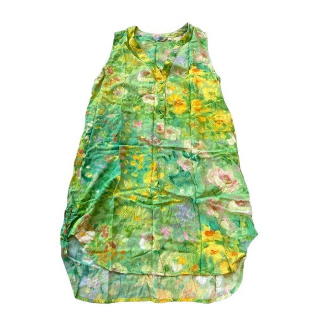 Jams World Womens Green Flowers Paint Print Sleeveless Hi Low Shift Dress Medium